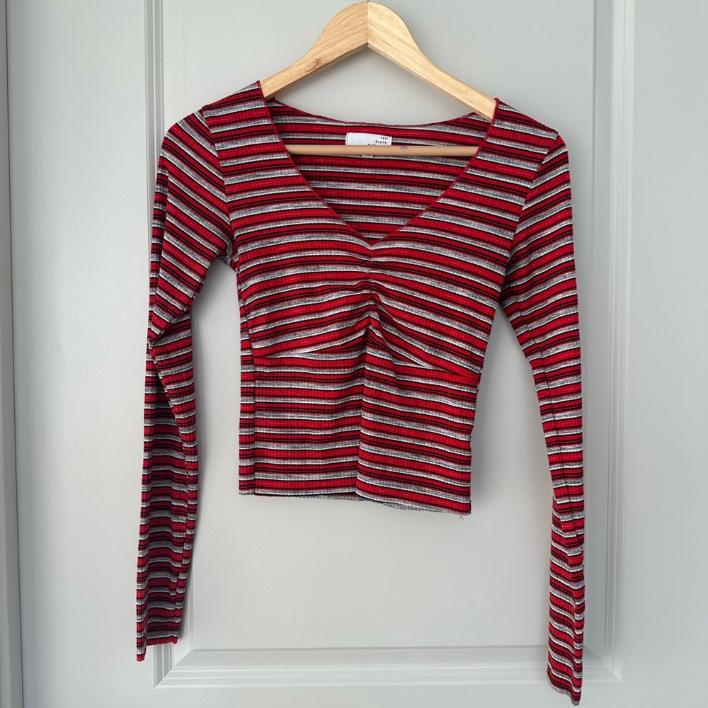 Ten Sixty Sherman Red and White Ribbed V-Neck Long Sleeve - Picture 2 of 3